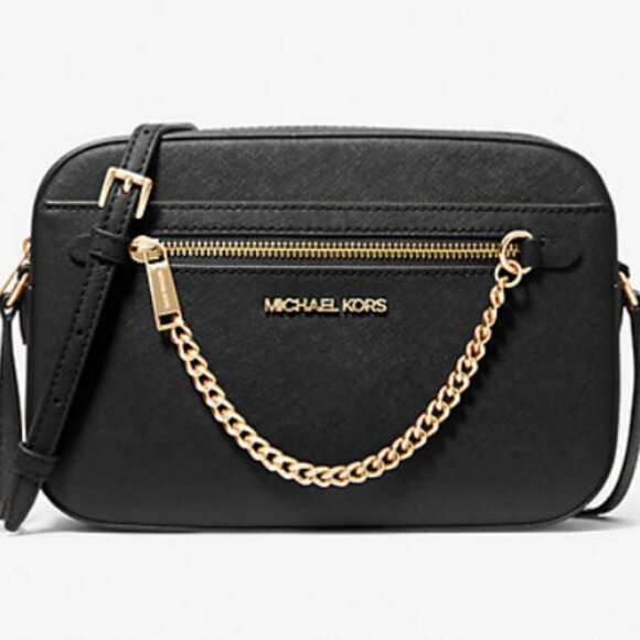 Michael Kors Black Saffiano Leather Crossbody Bag with Gold Chain Accents - Picture 1 of 4